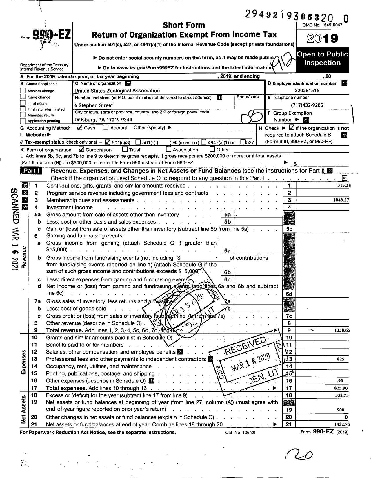 Image of first page of 2019 Form 990EZ for United States Zoological Association