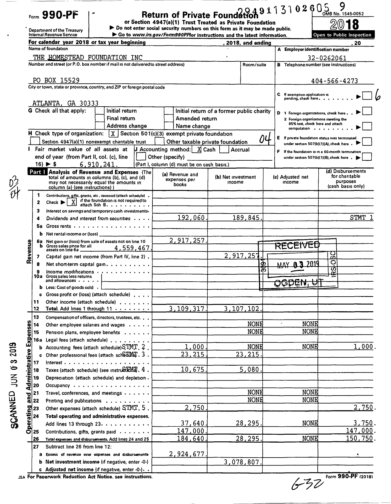 Image of first page of 2018 Form 990PF for The Homestead Foundation