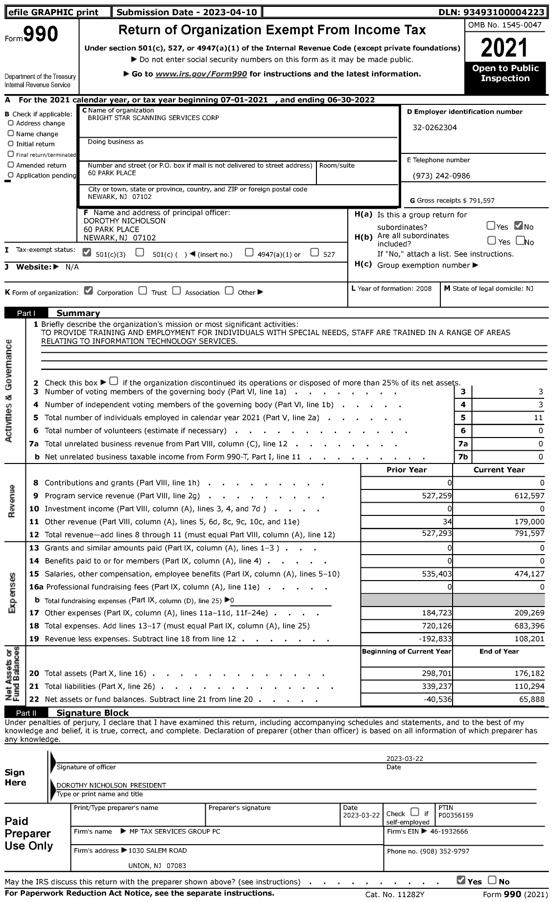 Image of first page of 2021 Form 990 for Bright Star Scanning Services Corporation