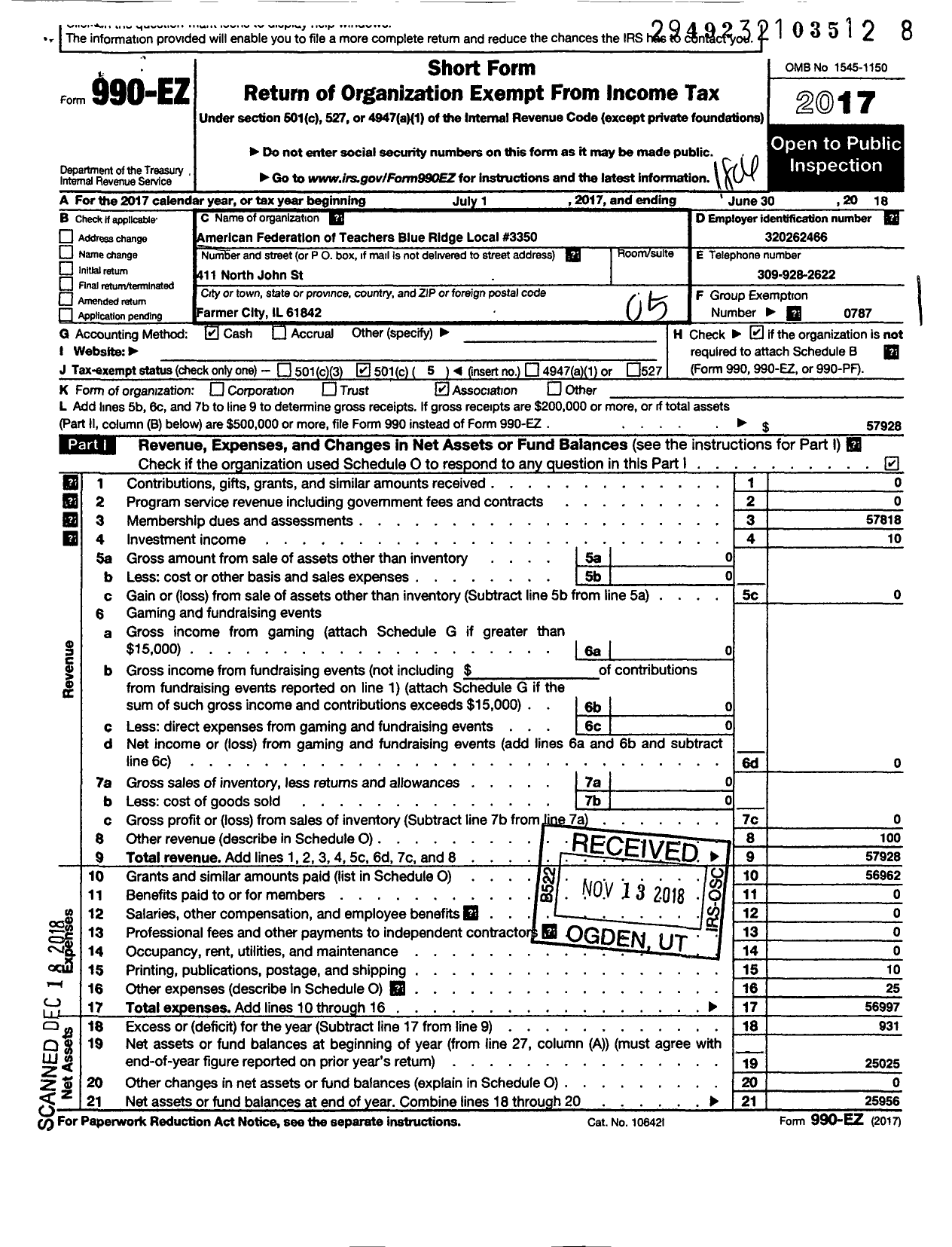 Image of first page of 2017 Form 990EO for AMERICAN FEDERATION OF TEACHERS - 3350 Blue Ridge