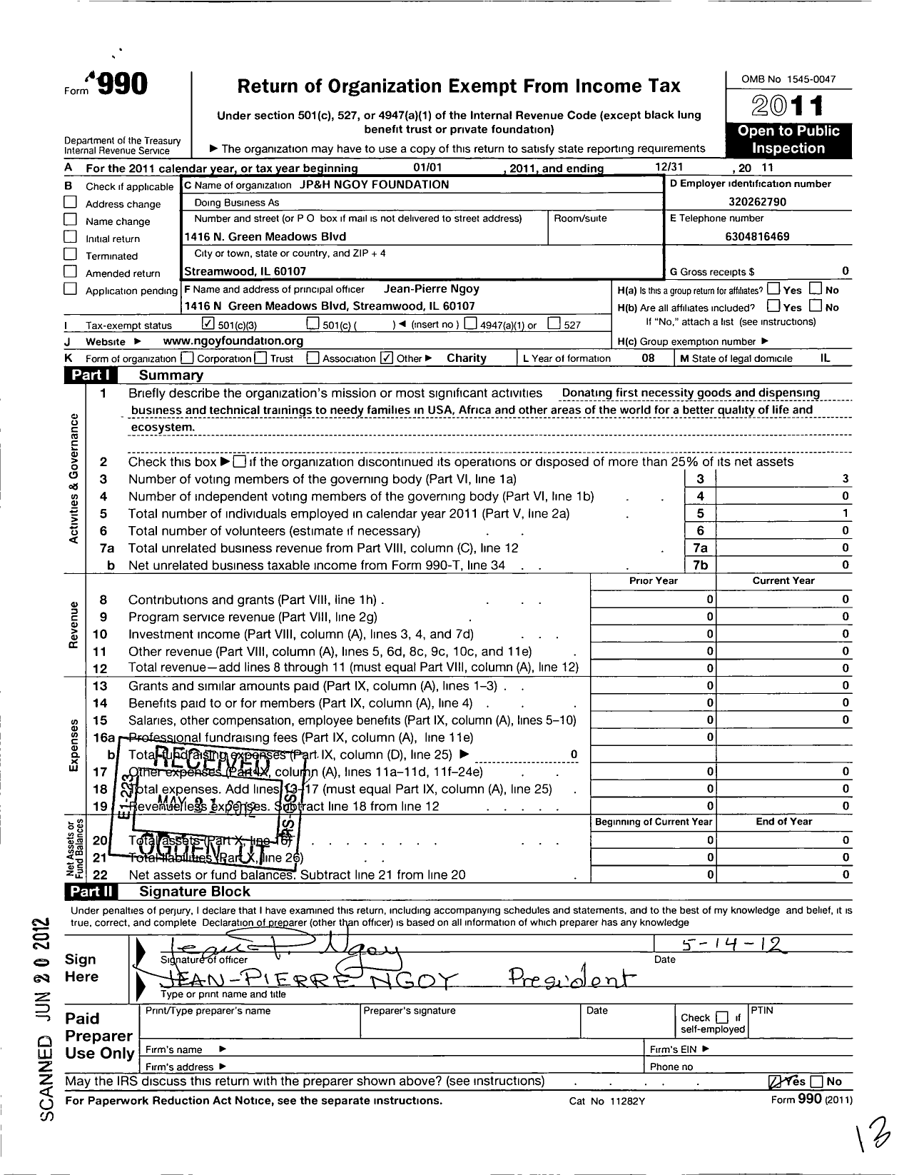 Image of first page of 2011 Form 990 for JP&H Ngoy Foundation