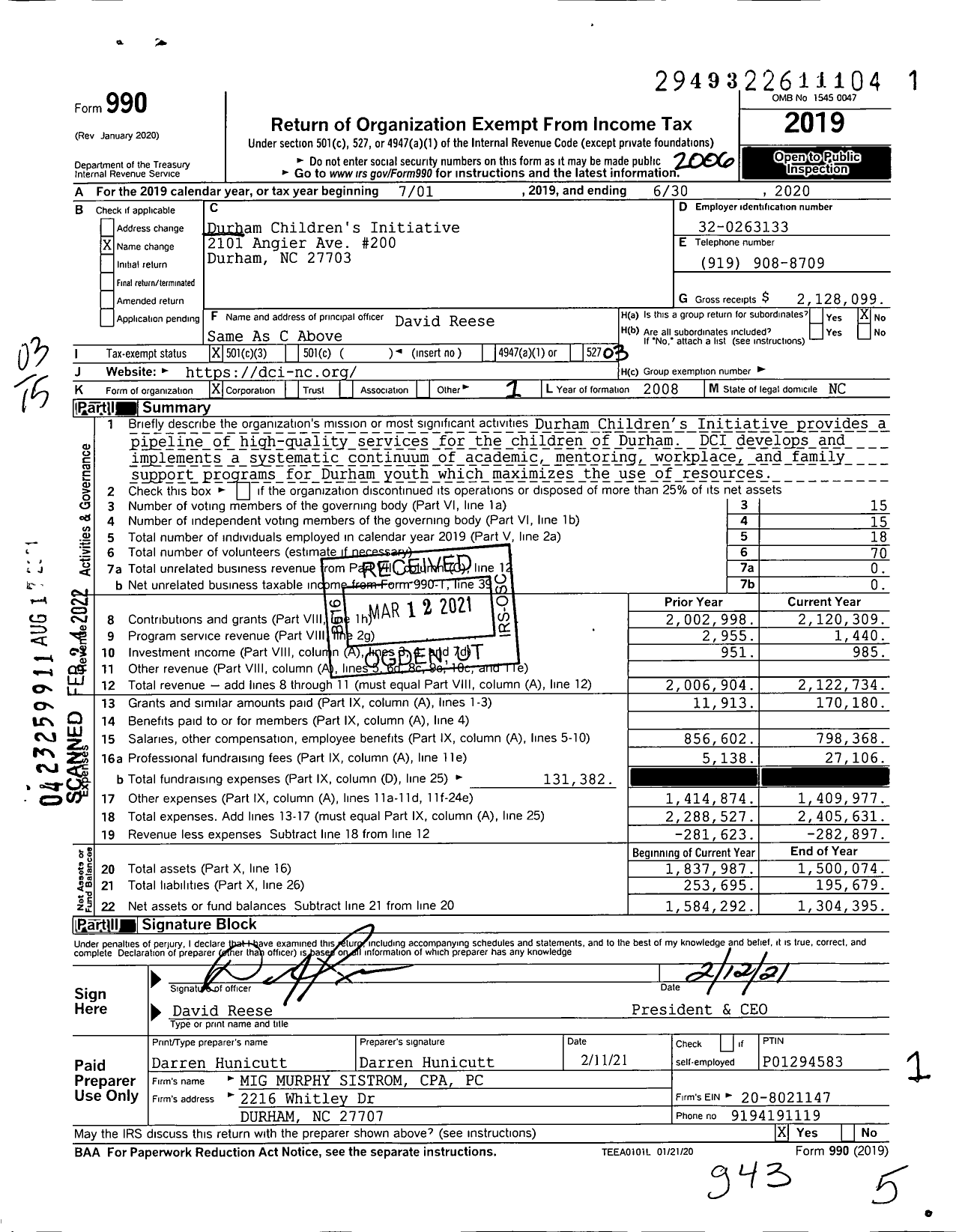 Image of first page of 2019 Form 990 for Durham Children's Initiative (EDCI)