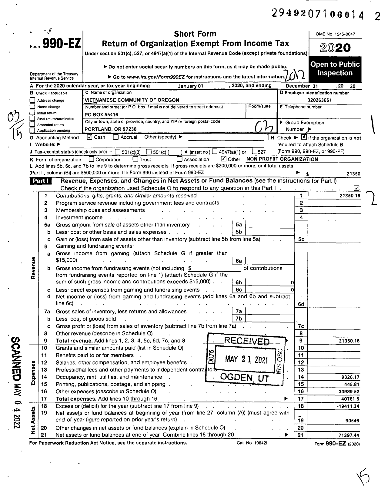 Image of first page of 2020 Form 990EZ for Vietnamese Community of Oregon