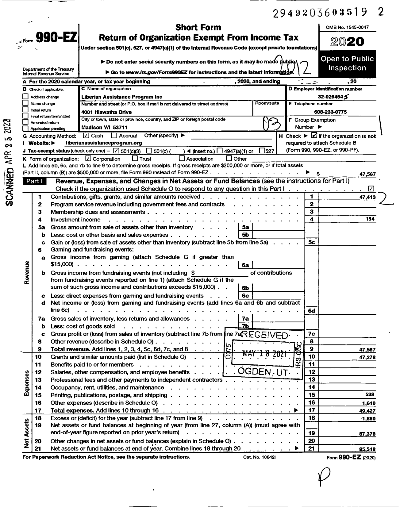 Image of first page of 2020 Form 990EZ for Liberian Assistance Program