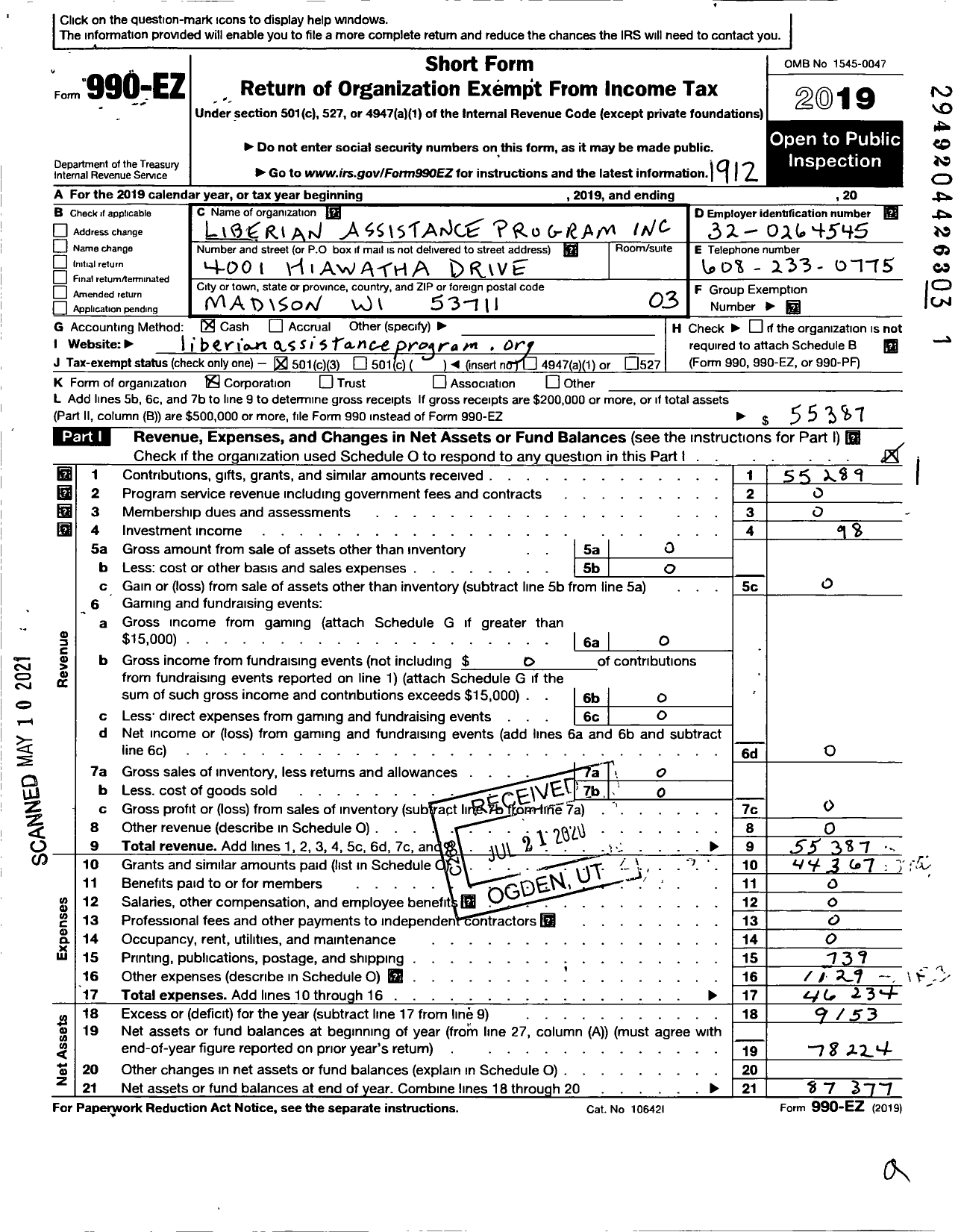 Image of first page of 2019 Form 990EZ for Liberian Assistance Program