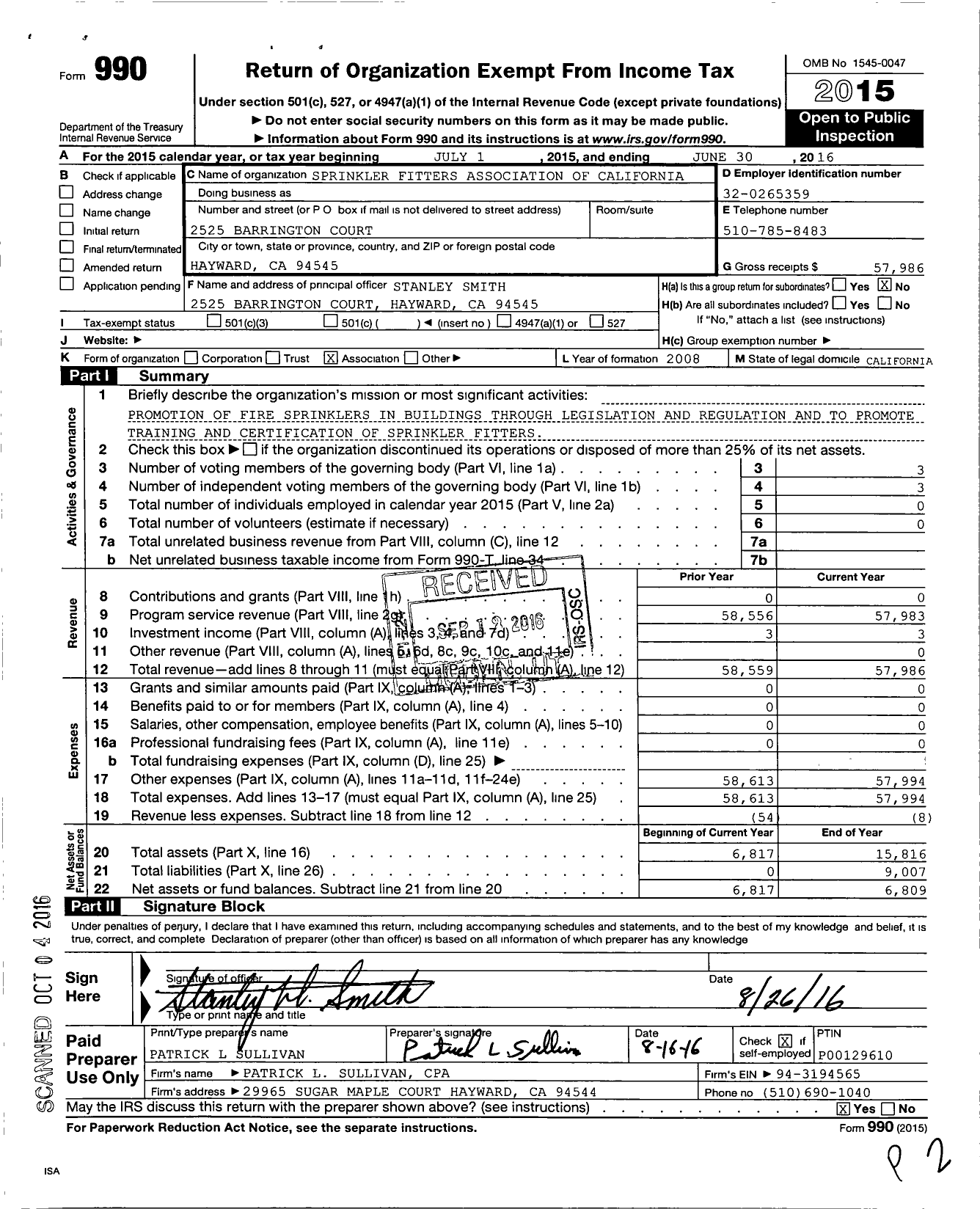 Image of first page of 2015 Form 990O for Sprinkler Fitters Association of California