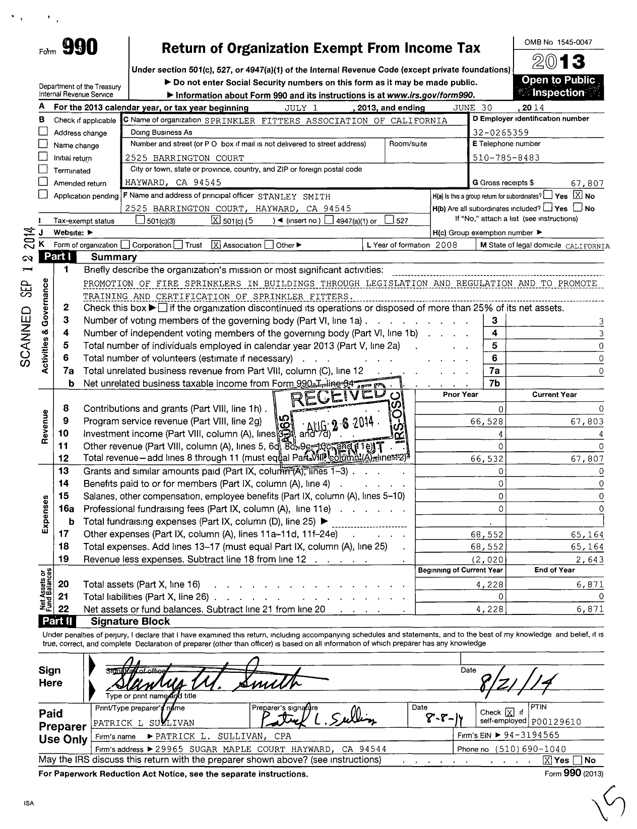 Image of first page of 2013 Form 990O for Sprinkler Fitters Association of California