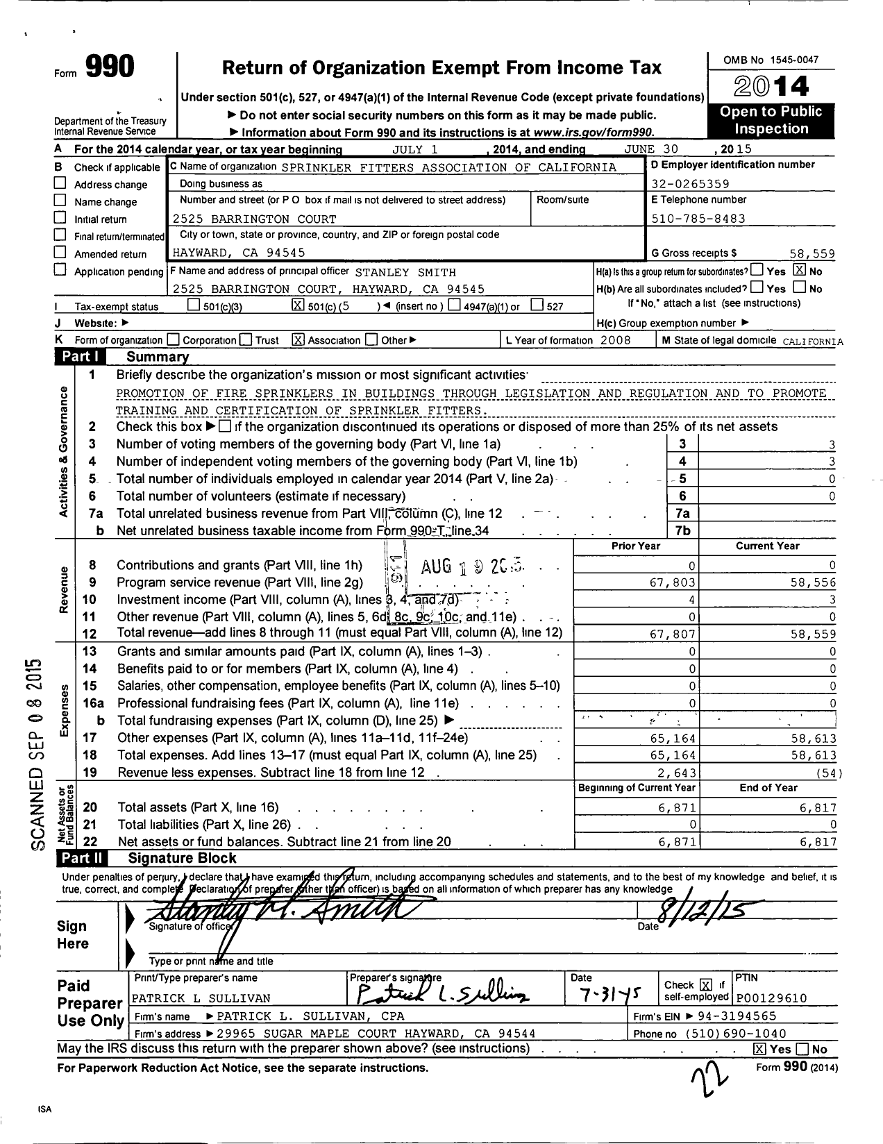 Image of first page of 2014 Form 990O for Sprinkler Fitters Association of California