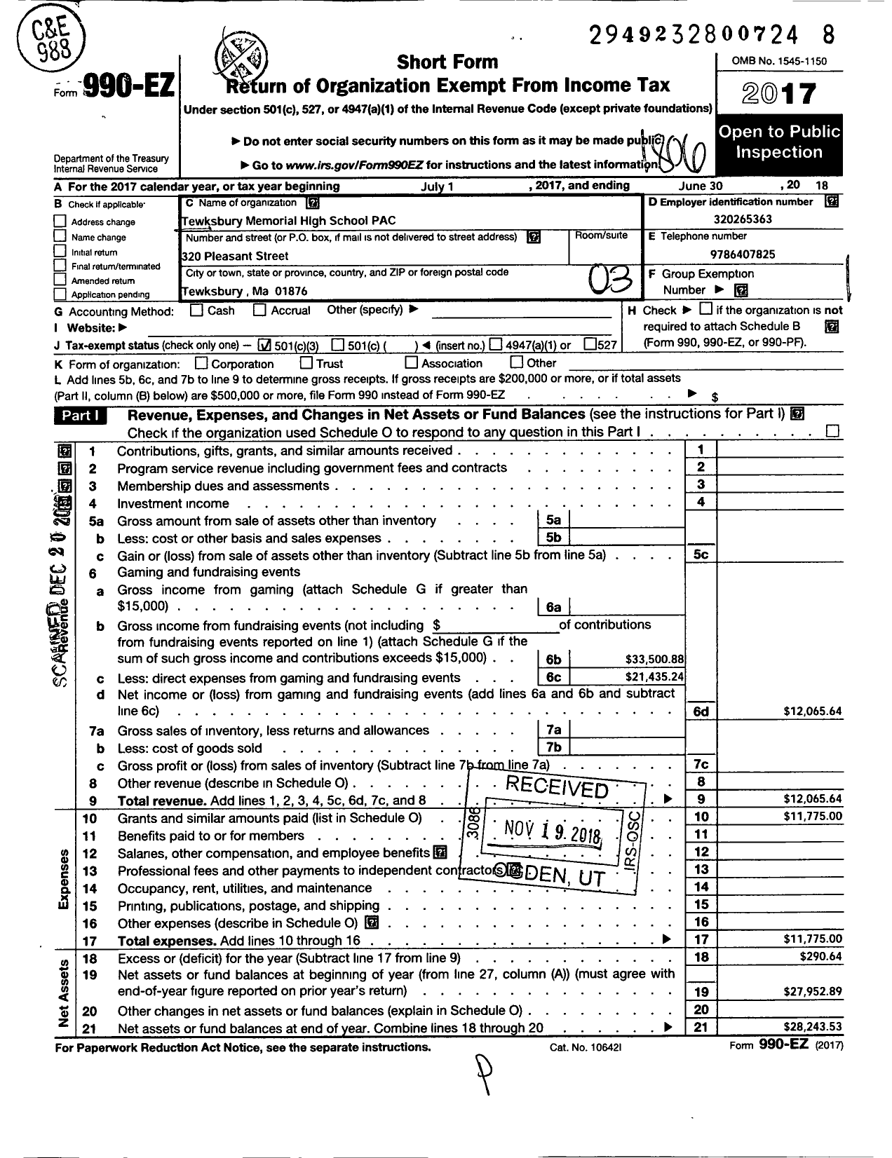 Image of first page of 2017 Form 990EZ for Tewksbury Memorial High School Parent Advisory Council