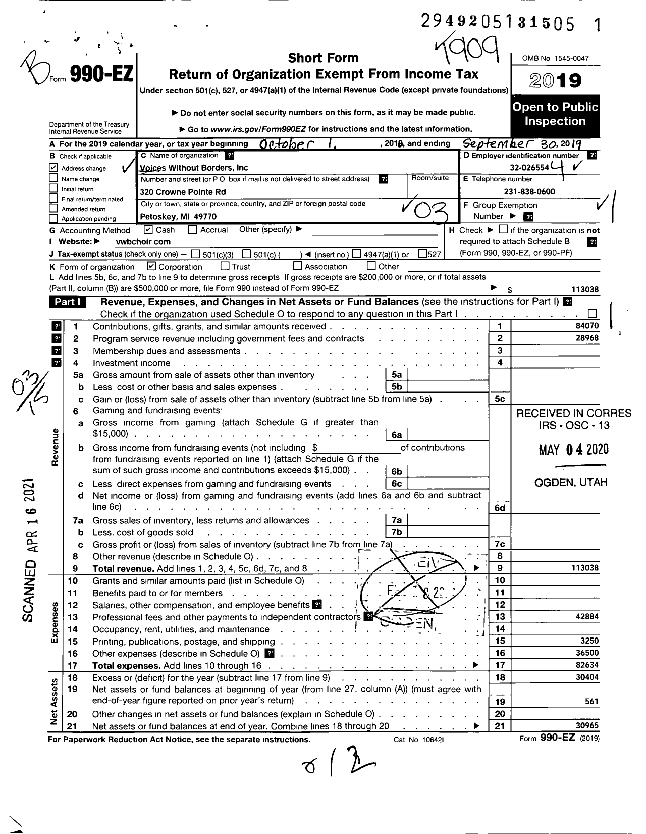 Image of first page of 2018 Form 990EZ for Voices Without Borders