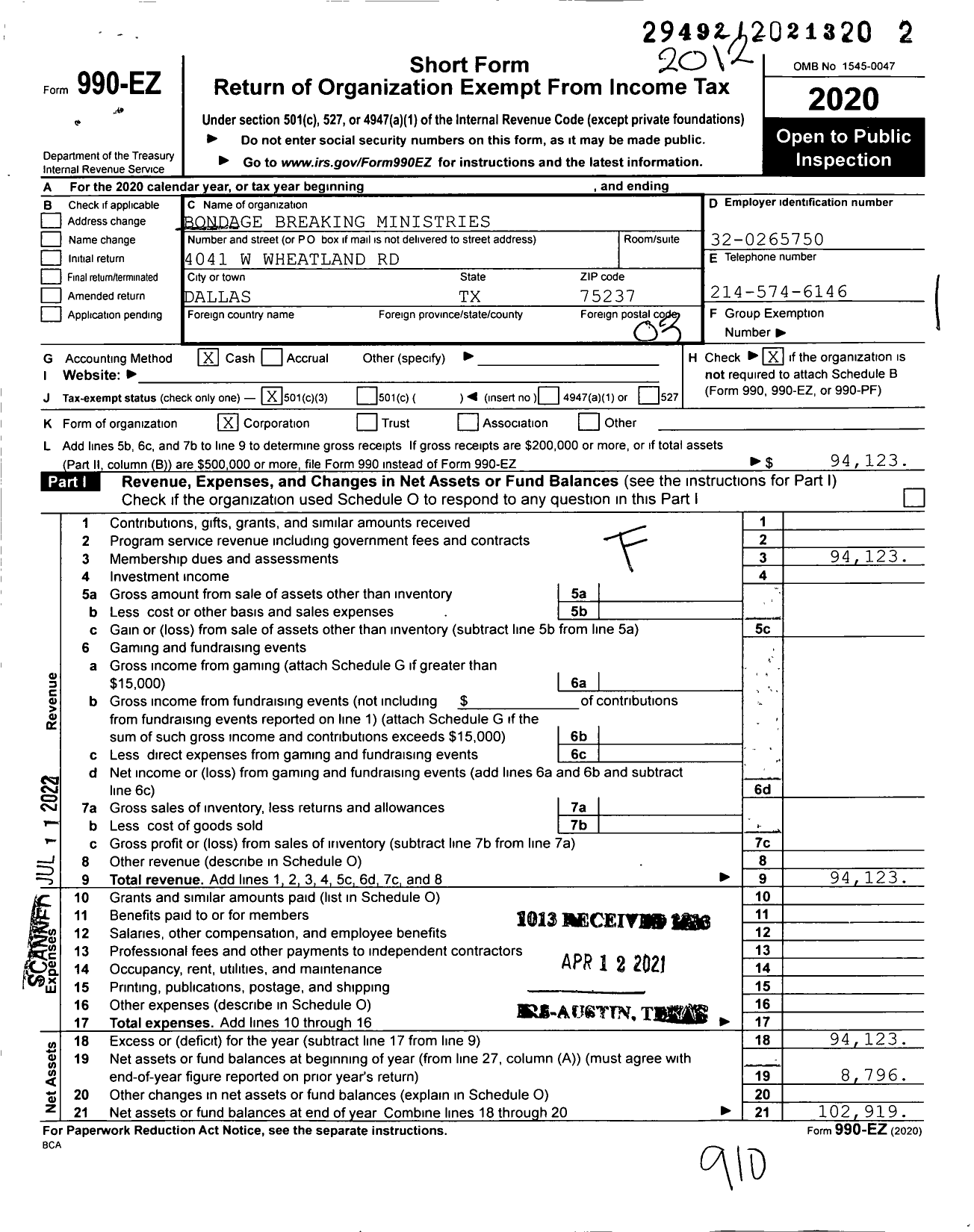 Image of first page of 2020 Form 990EZ for Bondage Breaking Ministries