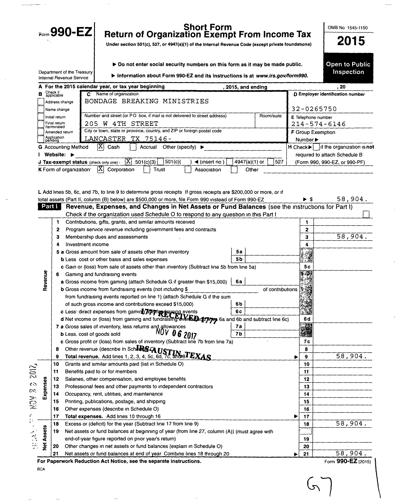 Image of first page of 2015 Form 990EZ for Bondage Breaking Ministries