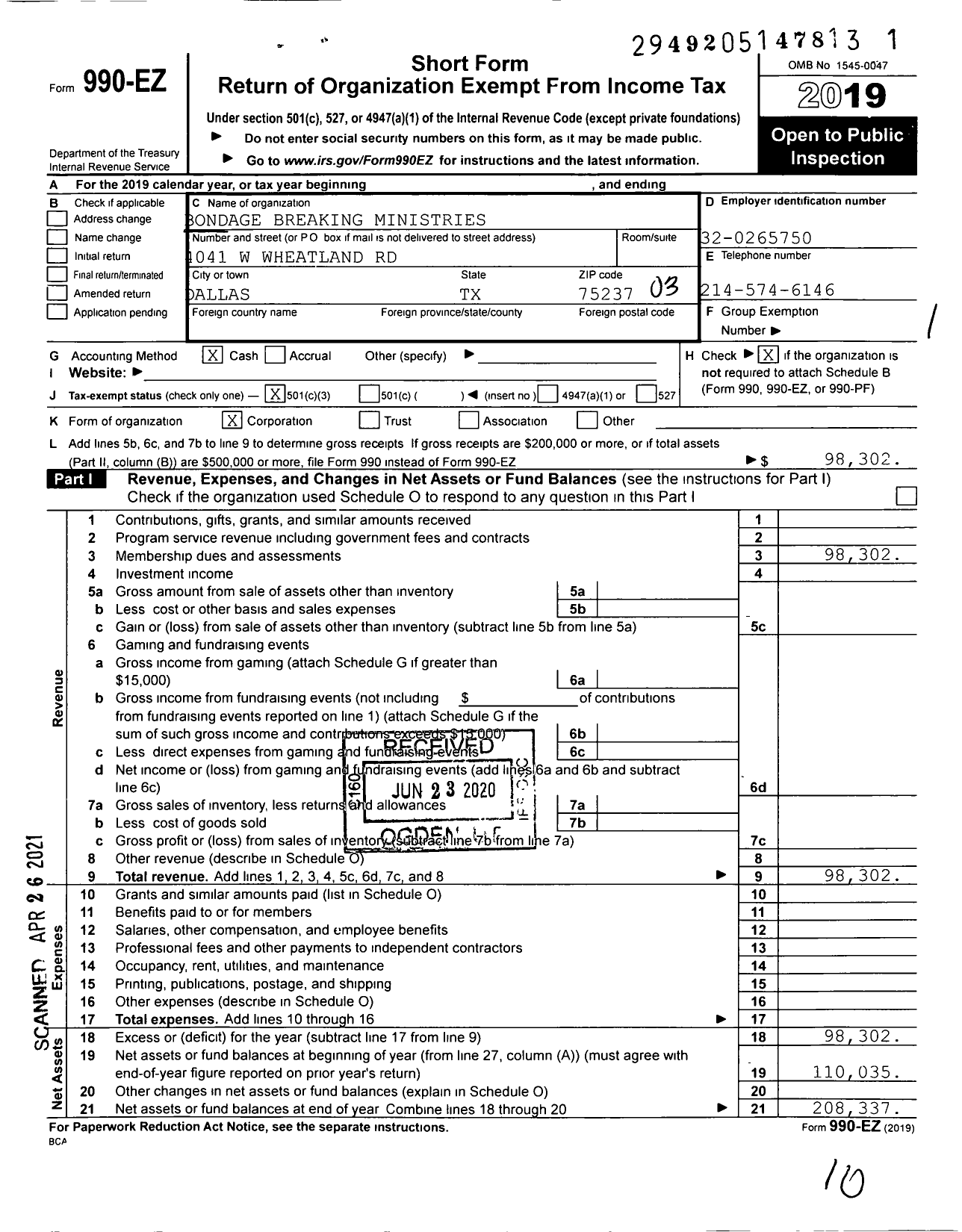 Image of first page of 2019 Form 990EZ for Bondage Breaking Ministries