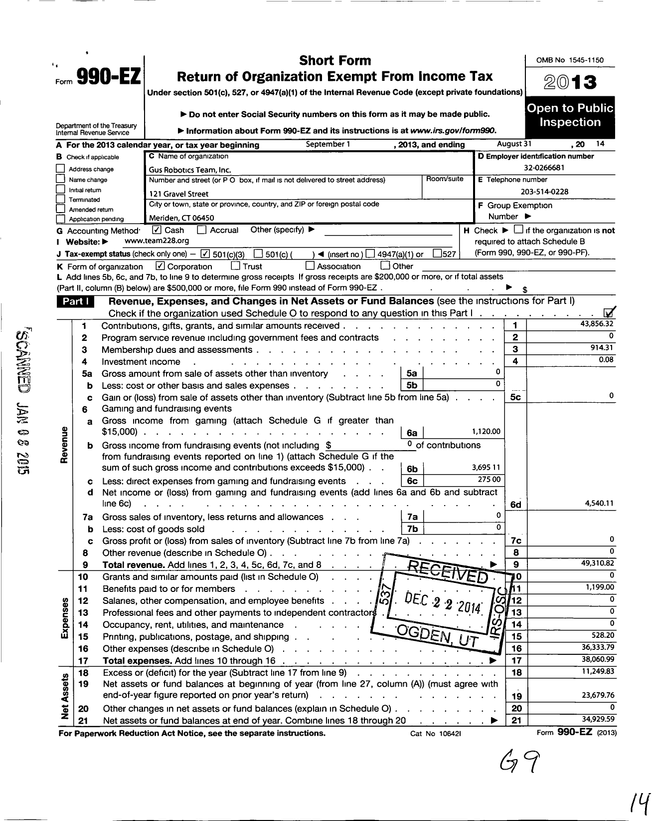 Image of first page of 2013 Form 990EZ for Gus Robotics Team