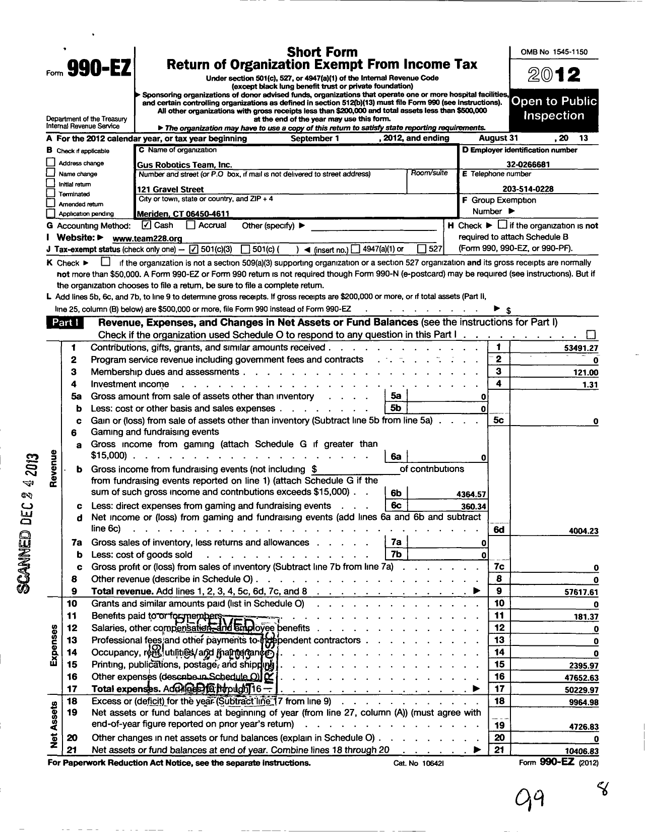 Image of first page of 2012 Form 990EZ for Gus Robotics Team