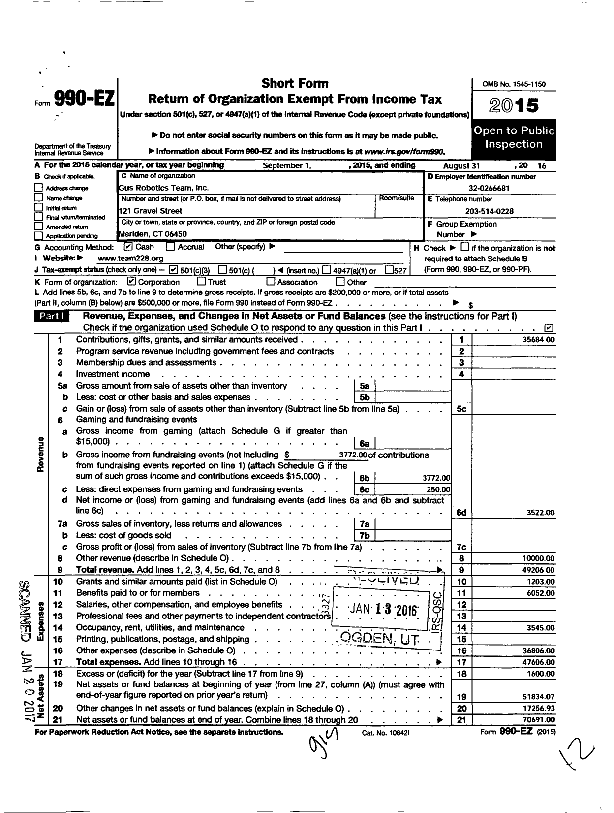 Image of first page of 2015 Form 990EZ for Gus Robotics Team