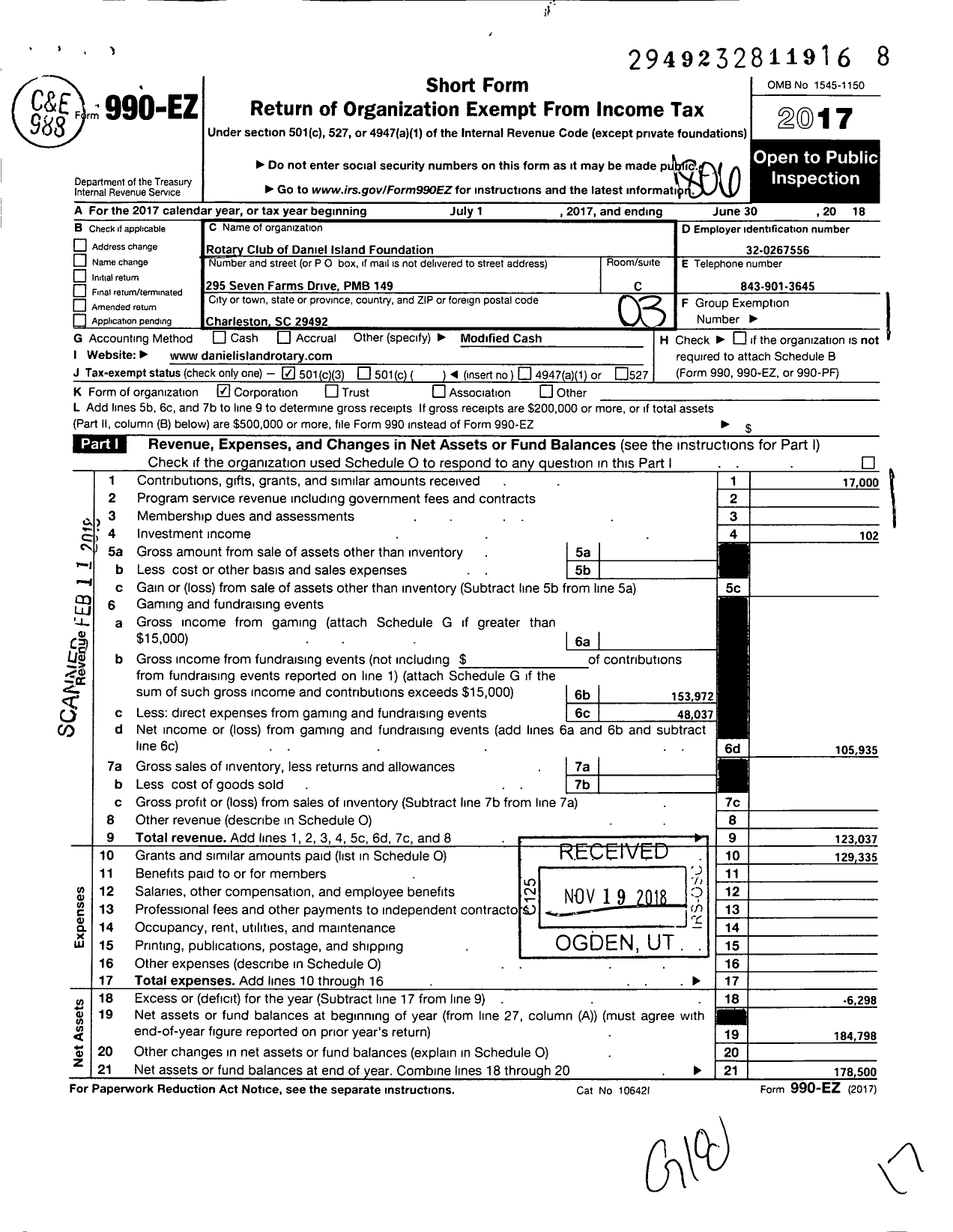 Image of first page of 2017 Form 990EZ for Rotary Club of Daniel Island Foundation