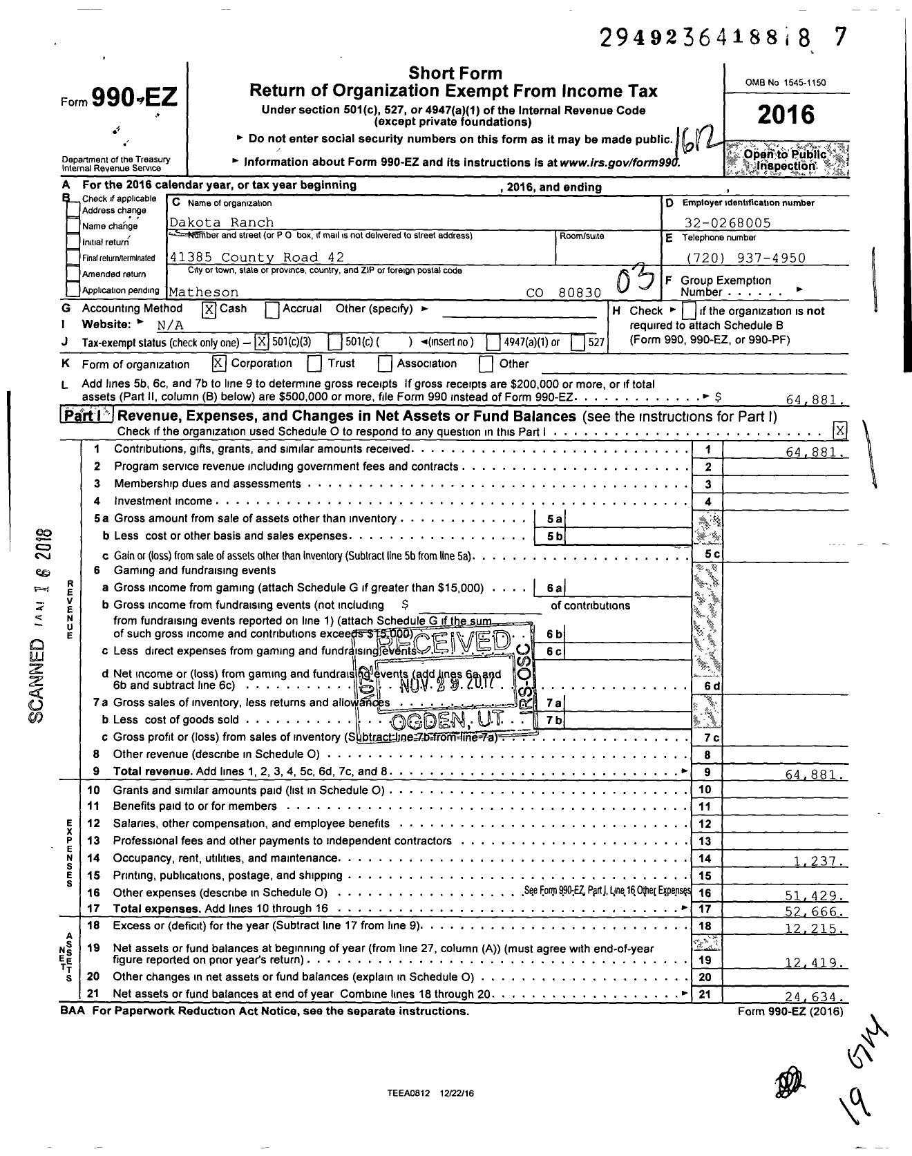 Image of first page of 2016 Form 990EZ for Dakota Ranch