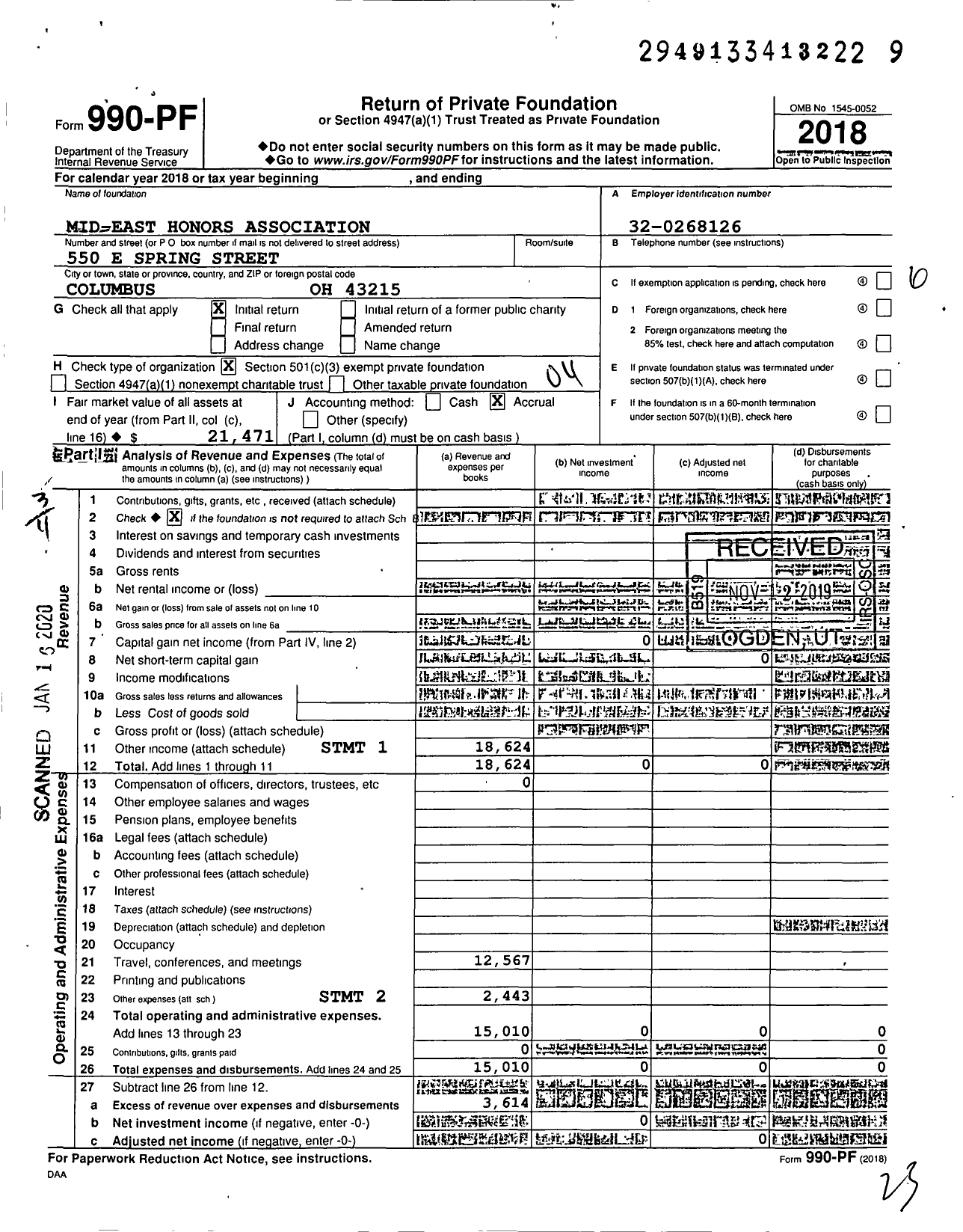 Image of first page of 2018 Form 990PF for Mid-East Honors Association (MEHA)