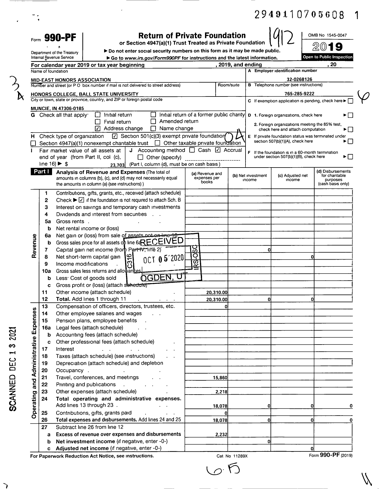 Image of first page of 2019 Form 990PF for Mid-East Honors Association (MEHA)