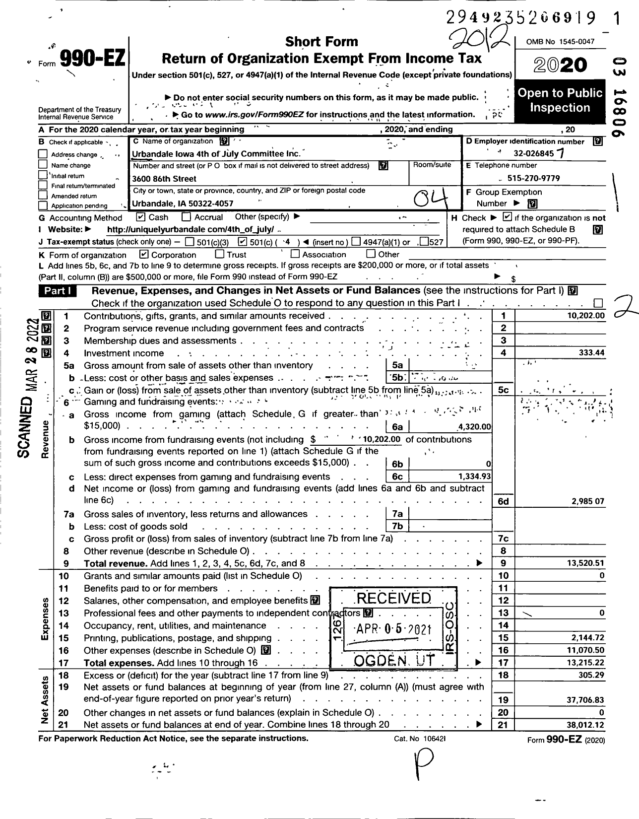 Image of first page of 2020 Form 990EO for Urbandale Iowa 4th of July Committee