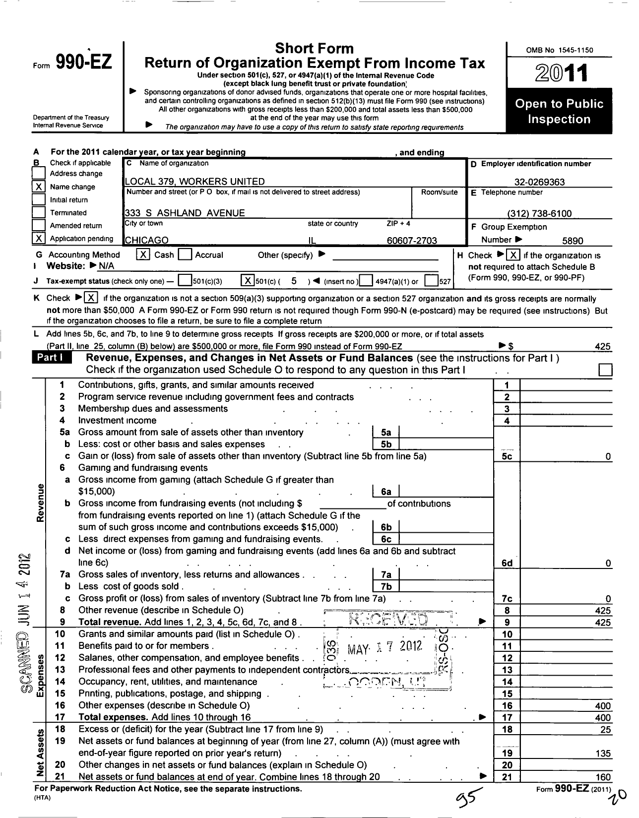 Image of first page of 2011 Form 990EO for Workers United - 379 Local Lacrosse Wi