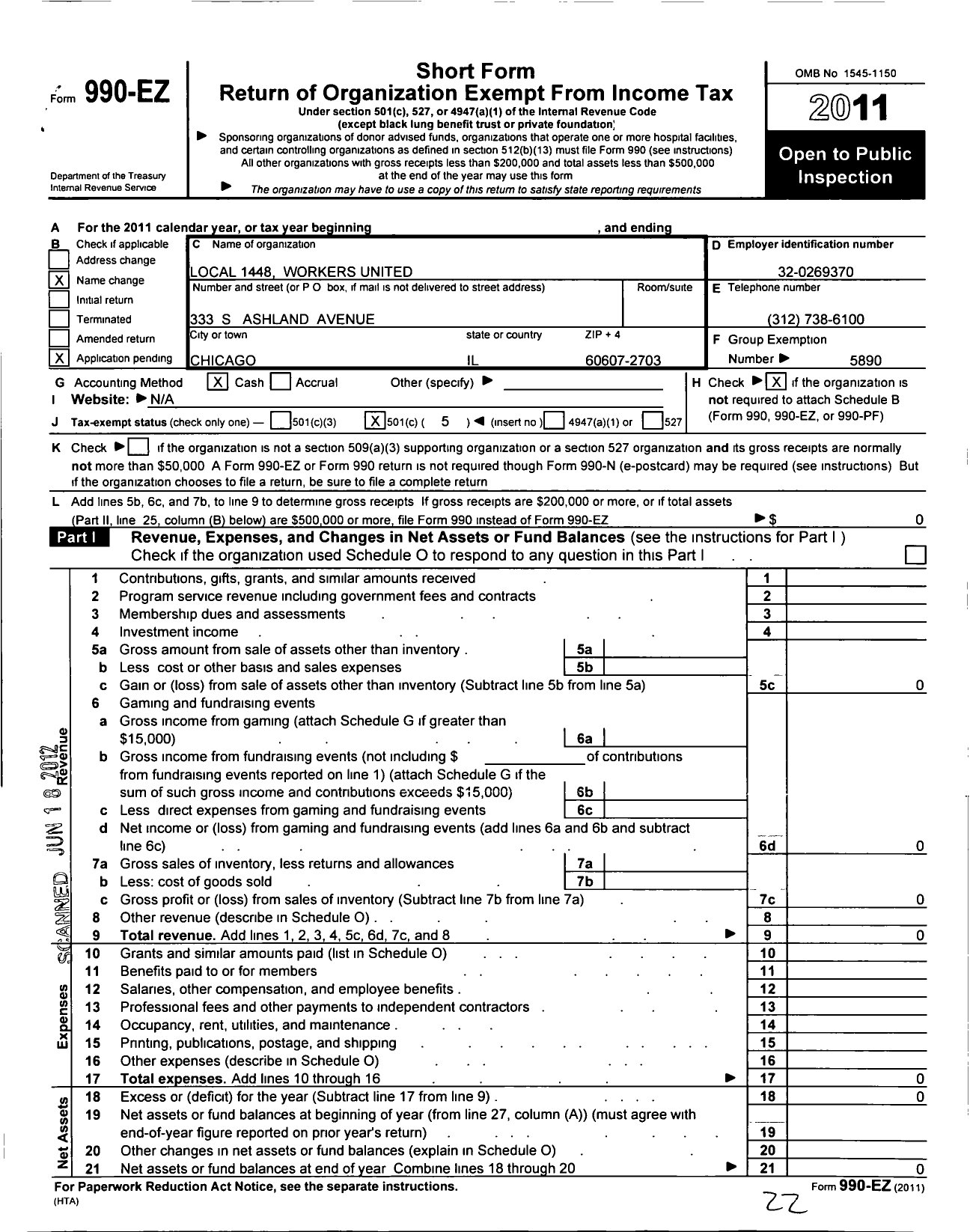 Image of first page of 2011 Form 990EO for Workers United - 1448 Local Fremont Oh