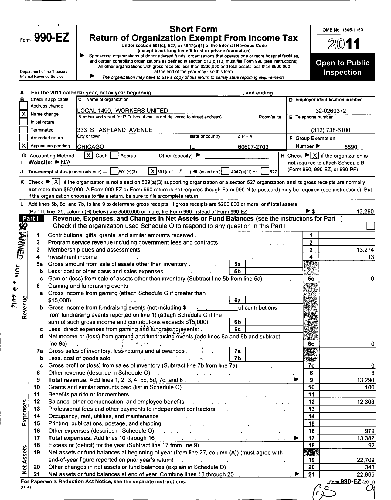 Image of first page of 2011 Form 990EO for Workers United - 1490 Local Edinburg in