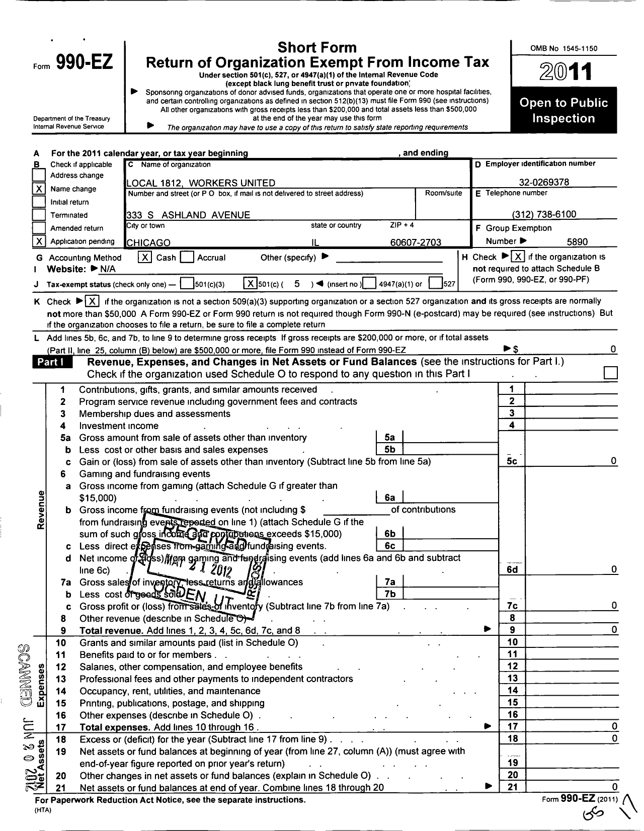 Image of first page of 2011 Form 990EO for Workers United - 1812 Local Findlay Oh