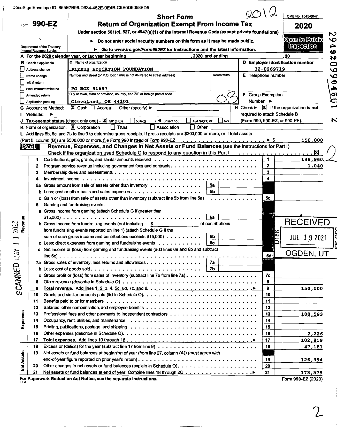 Image of first page of 2020 Form 990EZ for Plexus Education Foundation