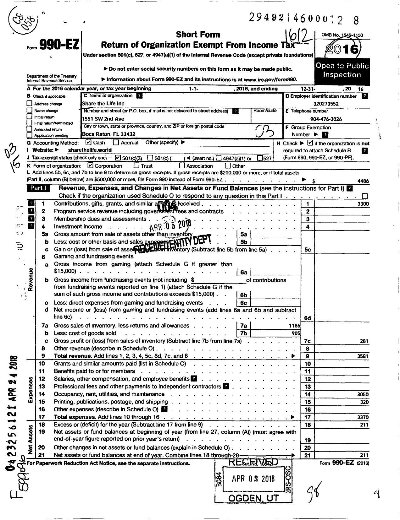 Image of first page of 2016 Form 990EZ for Share the Life