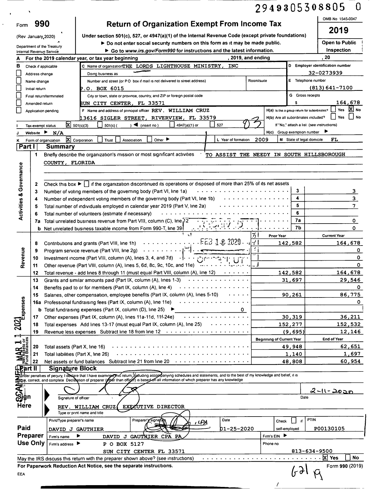 Image of first page of 2019 Form 990 for The Lords Lighthouse Ministry