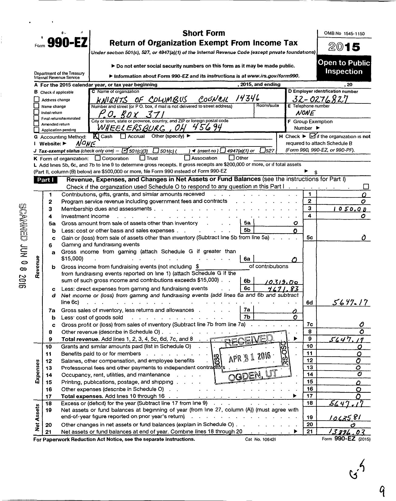 Image of first page of 2015 Form 990EZ for Knights of Columbus - 14346 Pope John Paul Ii Council