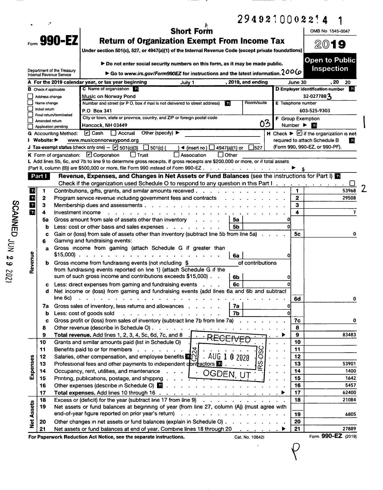 Image of first page of 2019 Form 990EZ for Music on Norway Pond