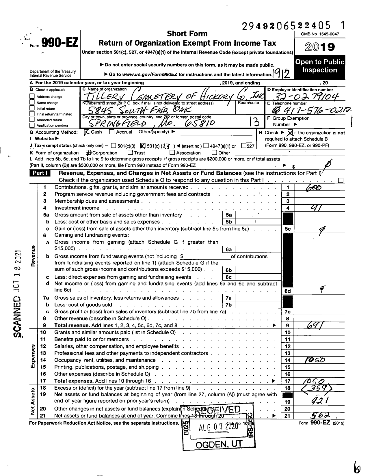 Image of first page of 2019 Form 990EO for Tillery Cemetery of Hickory County