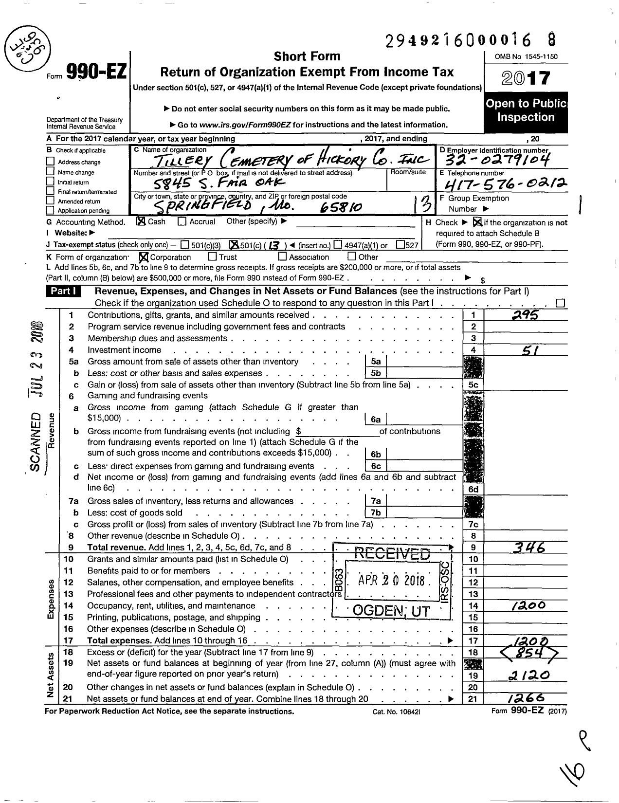 Image of first page of 2017 Form 990EO for Tillery Cemetery of Hickory County