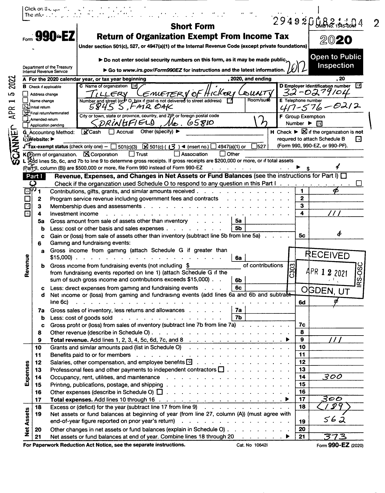 Image of first page of 2020 Form 990EO for Tillery Cemetery of Hickory County