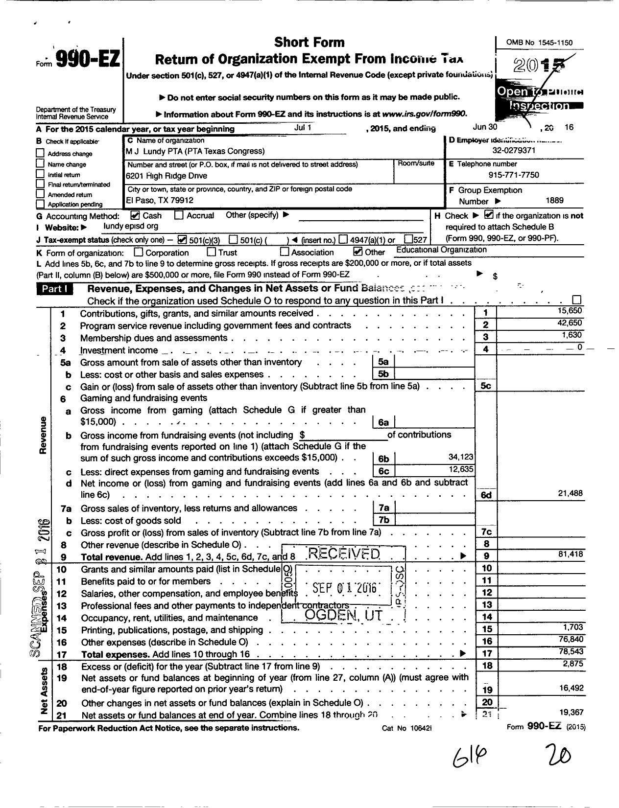 Image of first page of 2015 Form 990EZ for Texas PTA - 2224419 M J Lundy PTA