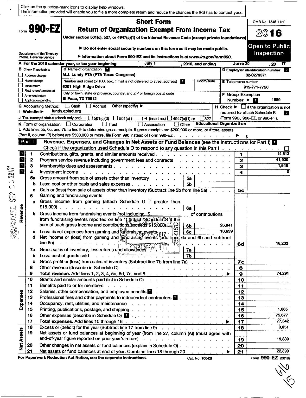 Image of first page of 2016 Form 990EO for Texas PTA - 2224419 M J Lundy PTA