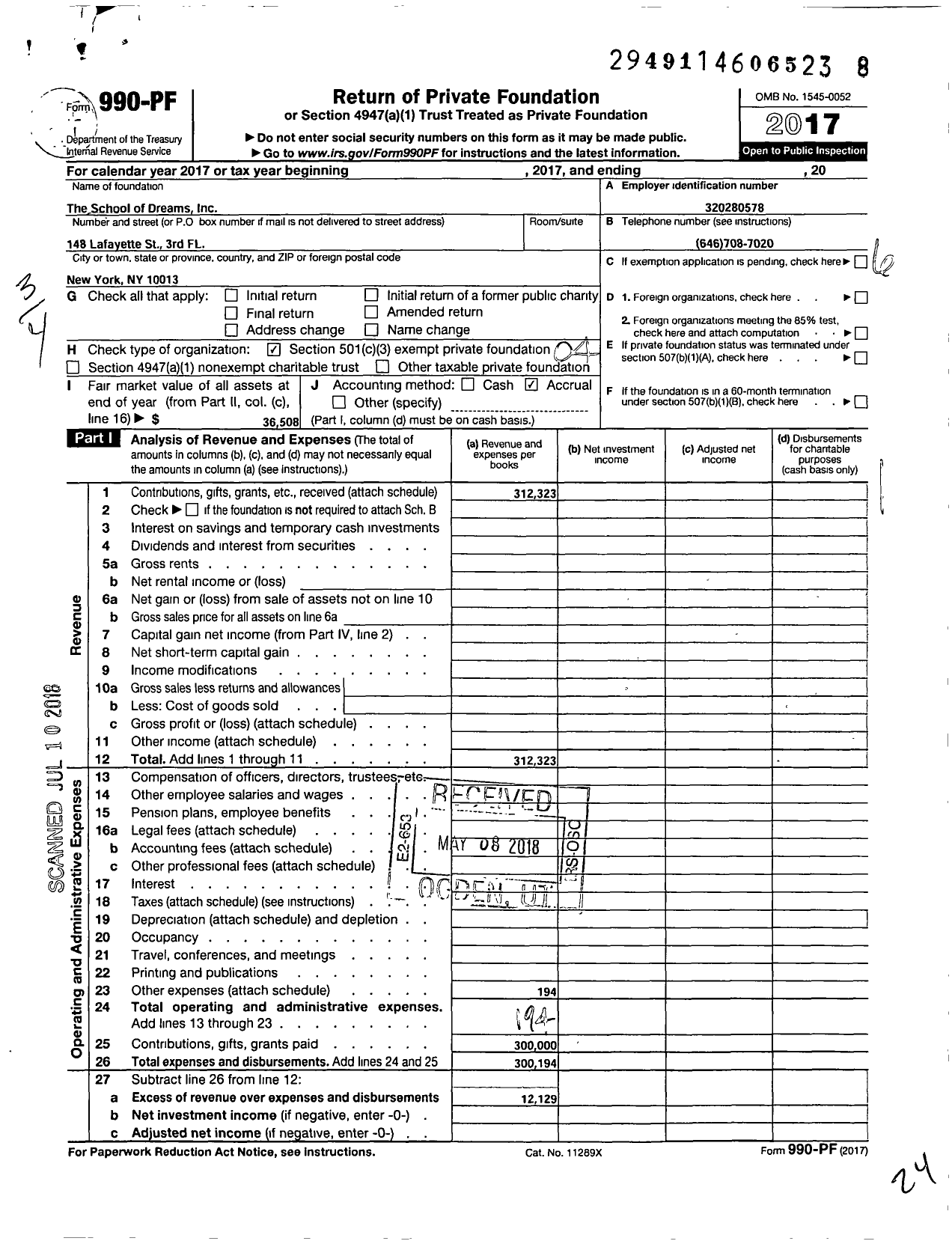 Image of first page of 2017 Form 990PF for The School of Dreams