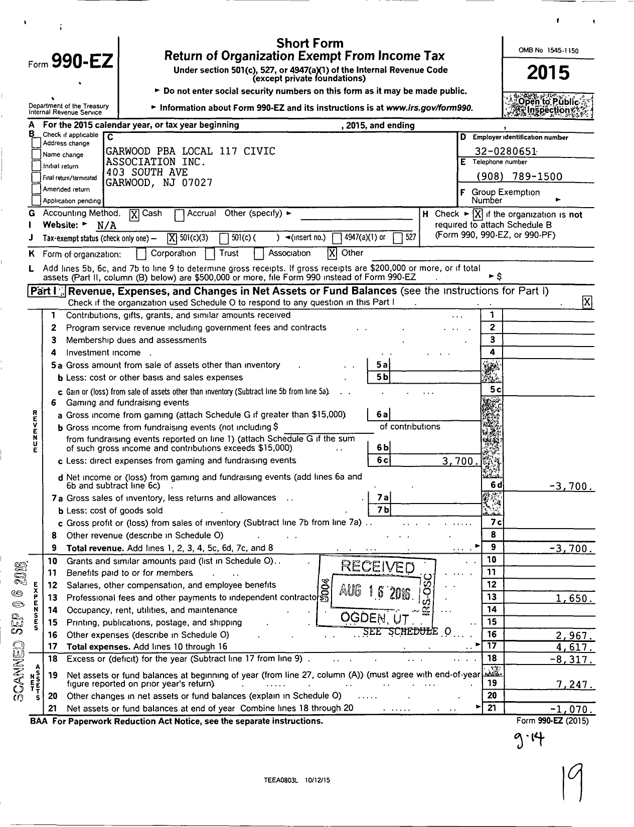 Image of first page of 2015 Form 990EZ for Garwood Pba Local 117 Civic Association