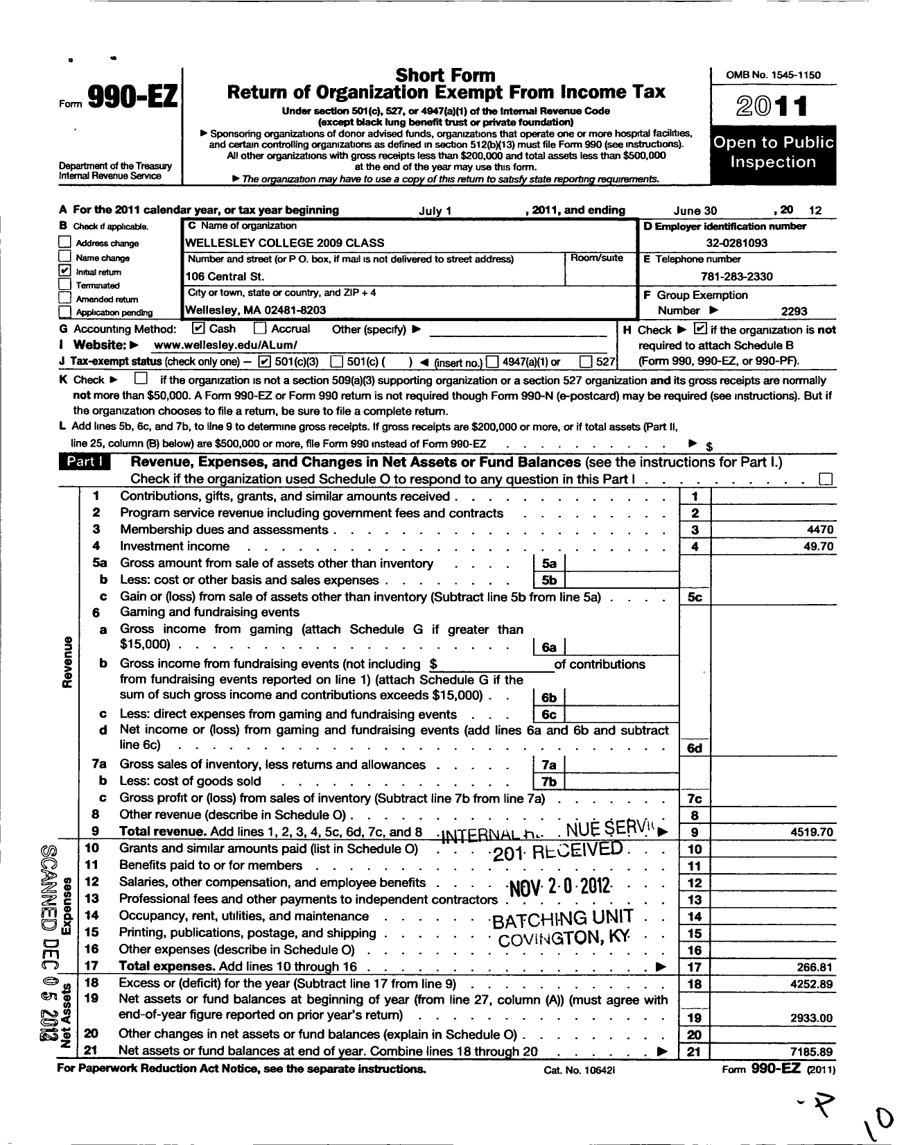 Image of first page of 2011 Form 990EZ for Wellesley College Alumnae Association - 2009 Class