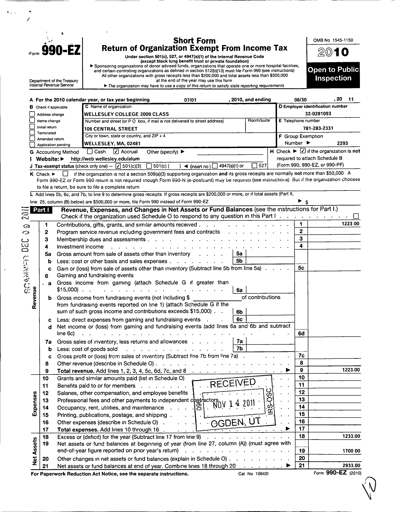 Image of first page of 2010 Form 990EZ for Wellesley College Alumnae Association - 2009 Class