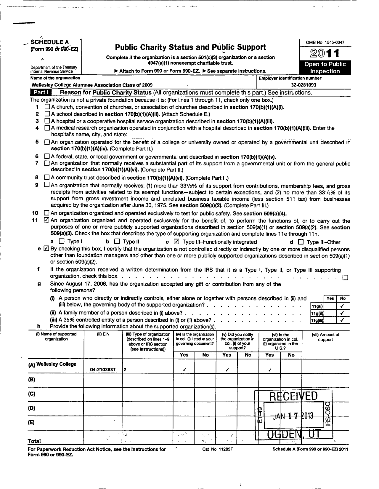 Image of first page of 2011 Form 990ER for Wellesley College Alumnae Association - 2009 Class