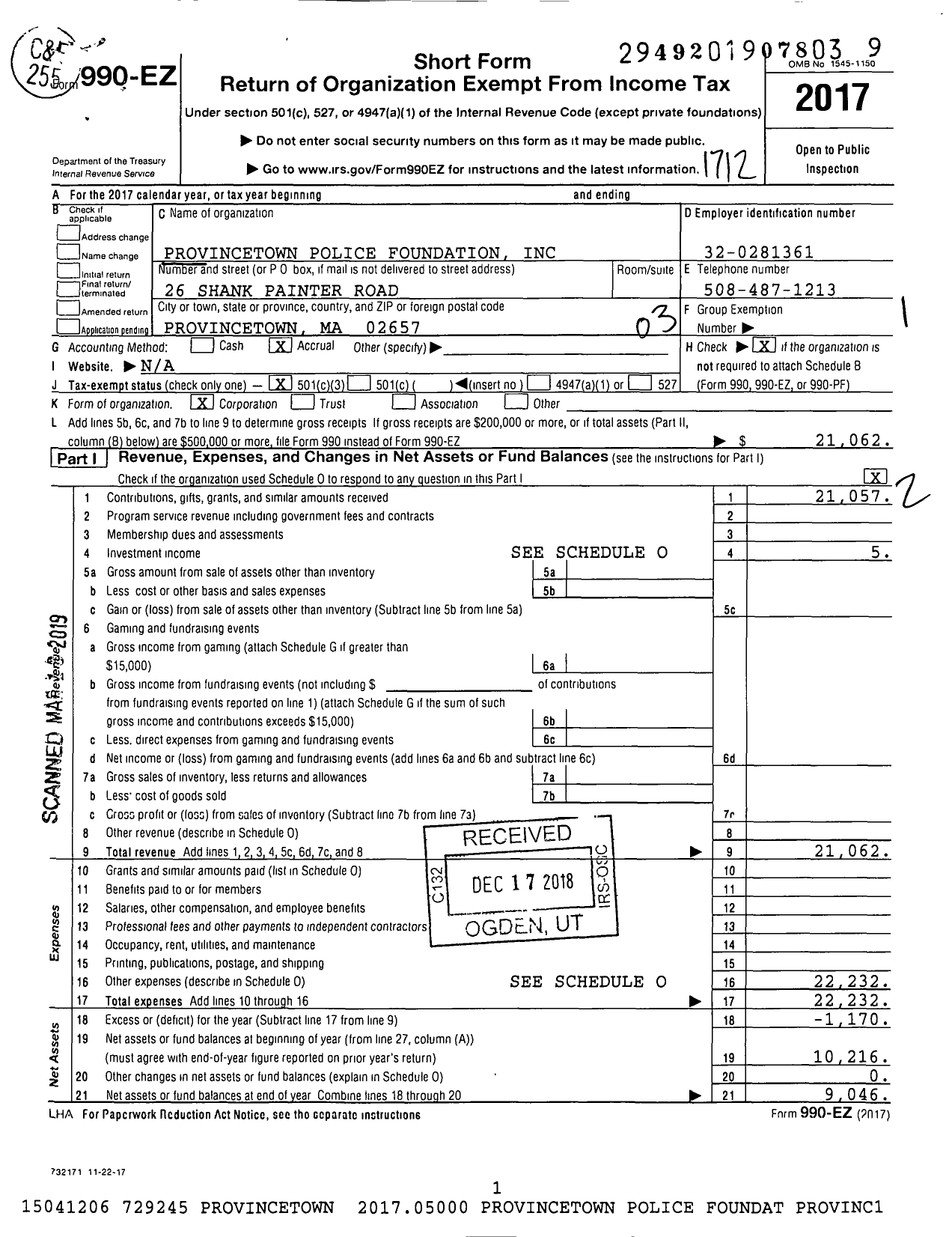 Image of first page of 2017 Form 990EZ for Provincetown Police Foundation