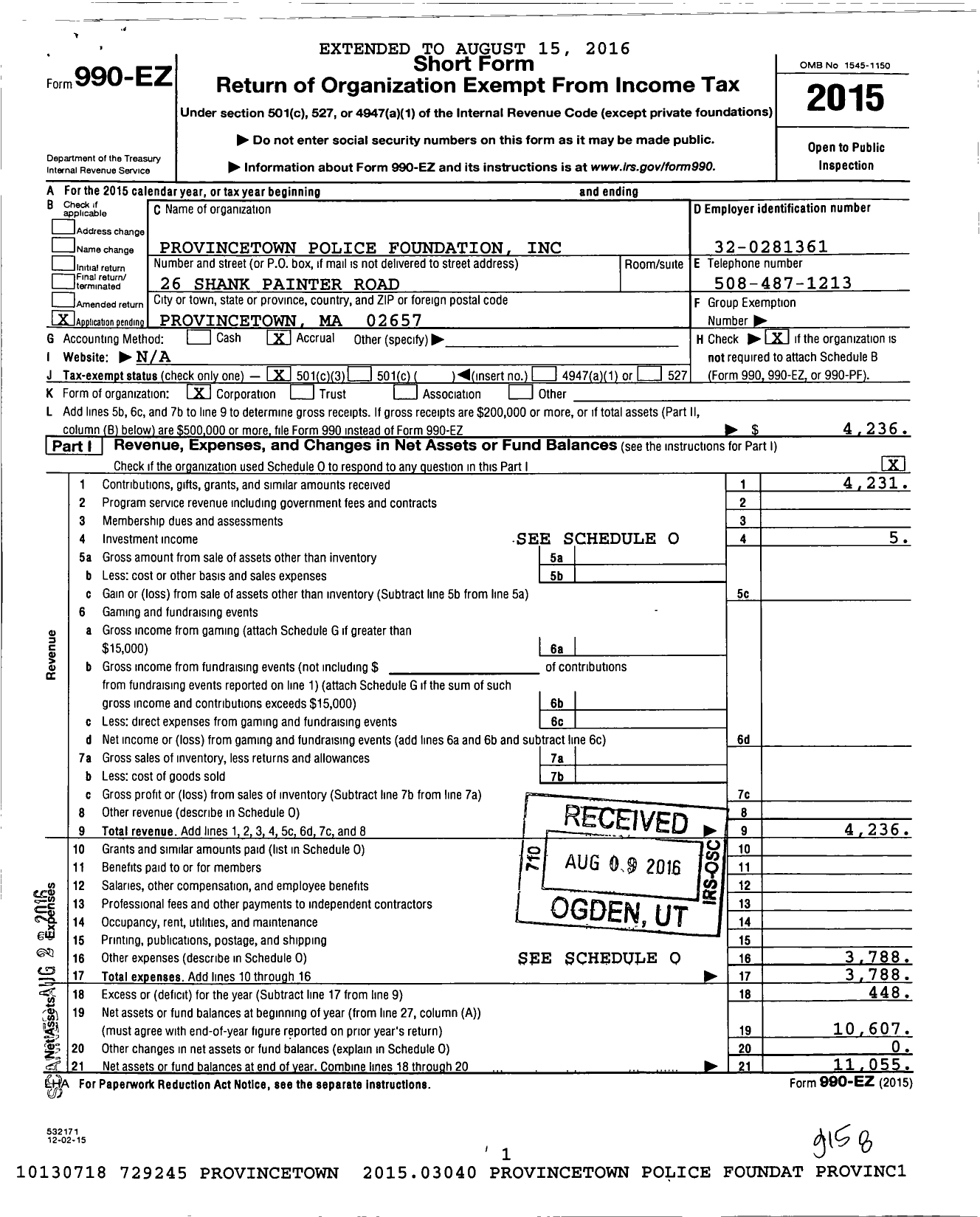 Image of first page of 2015 Form 990EZ for Provincetown Police Foundation