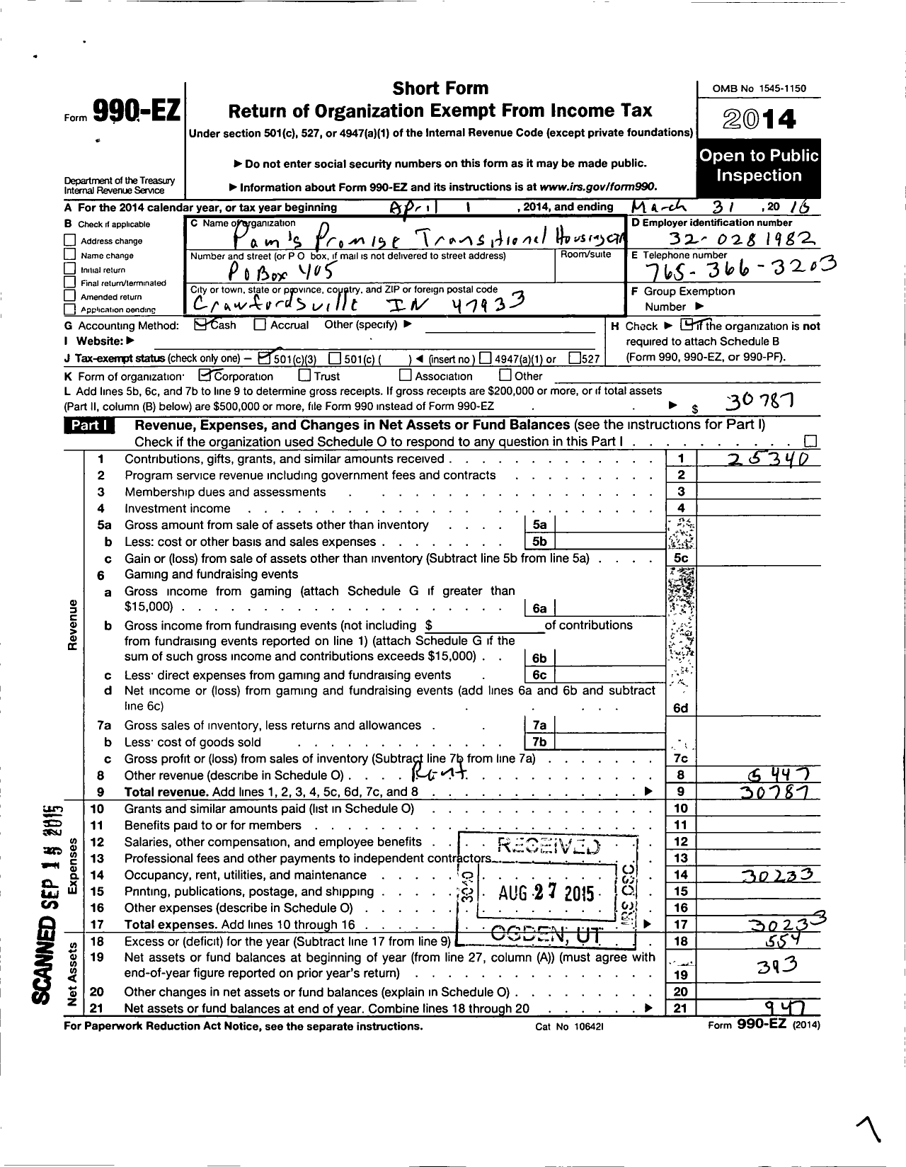 Image of first page of 2014 Form 990EZ for Pams Promise Transitional Housing