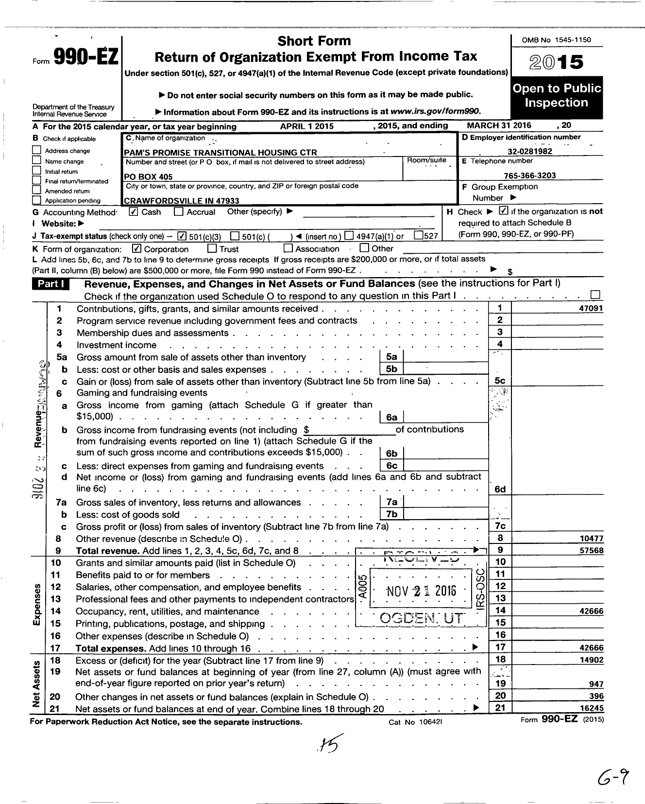 Image of first page of 2015 Form 990EZ for Pams Promise Transitional Housing