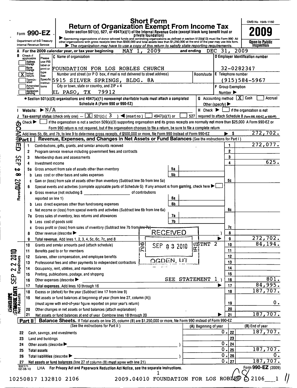 Image of first page of 2009 Form 990EZ for Foundation for Los Robles Church