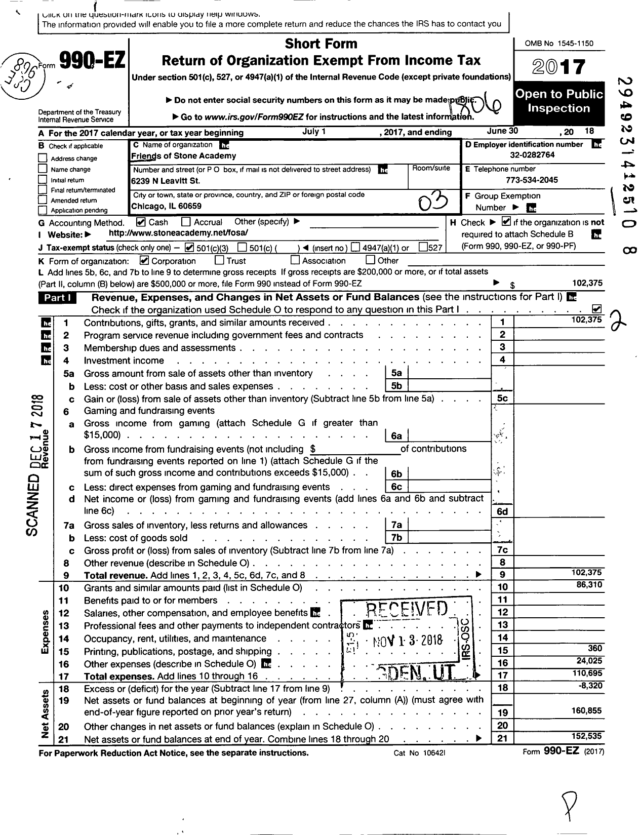 Image of first page of 2017 Form 990EZ for Friends of Stone Academy